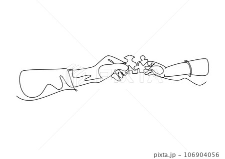 Single one line drawing two hands holding puzzle pieces, want to merge together. Father or mother and son teamwork to build super family. Modern continuous line draw design graphic vector illustration 106904056