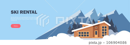 Ski Rental horizontal banner. Winter Sport. Winter mountain landscape with big house for tourists. Winter holidays in the mountains, ski resorts, house rentals. Vector flat illustration. Ski Rental horizontal banner. Winter Sport. Winter mountain landscape with big house for tourists. Winter holidays in the mountains, ski resorts, house rentals. Vector flat illustration. 106904086