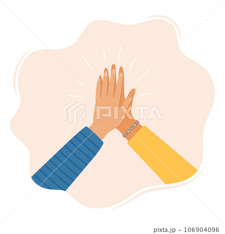 Two hands clapping in high five gesture. Multicultural people putting hands together. Teamwork, friendship, unity, help, equality, support, partnership, community concept. Vector illustration. Two hands clapping in high five gesture. Multicultural people putting hands together. Teamwork, friendship, unity, help, equality, support, partnership, community concept. Vector illustration. 106904096
