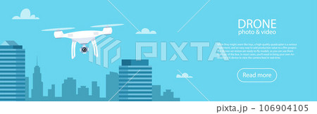 Drone with action Camera. Air Video and Photography. Flying quadrocopter with camera over the city. Vector illustration for banner. Drone with action Camera. Air Video and Photography. Flying quadrocopter with camera over the city. Vector illustration for banner. 106904105