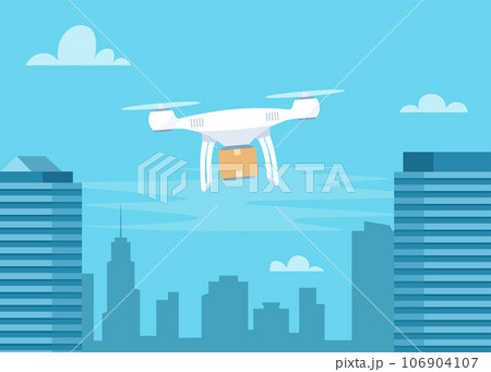 Delivery drone with the cardboard box flying over the town. Quadcopter carrying a package to customer. Technological shipment innovation. Drone delivery service. Delivery drone with the cardboard box flying over the town. Quadcopter carrying a package to customer. Technological shipment innovation. Drone delivery service. 106904107