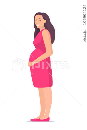 Cute pregnant woman standing and holds hands the big belly. Happy beautiful pregnant woman character. Girl expecting a baby. Maternity concept. Vector Illustration. 106904124