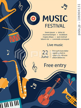 Music festival invitation. Musical flyer, poster template. Musical instruments and vinyl record. Guitar, synthesizer, violin, cello, drum, cymbals, saxophone, tambourine, harp. Vector illustration. 106904131