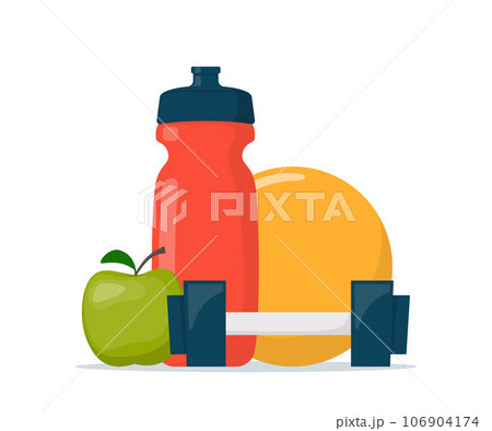 Fitness, sport, diet and healthy lifestyle composition. Training equipment. Sport and gym concept illustration. Vector illustration in flat style. 106904174