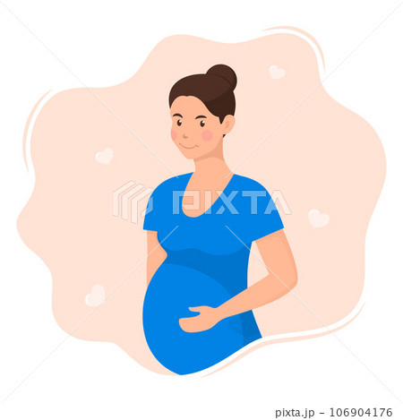 Happy young pregnant woman with big belly. Beautiful pregnant woman character. Girl expecting a baby. Maternity concept. Vector Illustration. 106904176