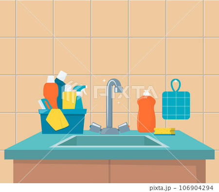 Kitchen sink. Clean sink with kitchenware, modern furniture and utensils. Washing dishes kitchen sink, vector illustration. 106904294