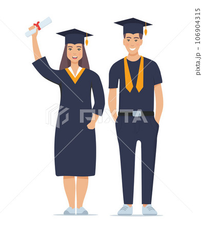 Couple of happy smiling graduates with diplomas. Man and woman graduated from university. Vector illustration isolated on white. 106904315