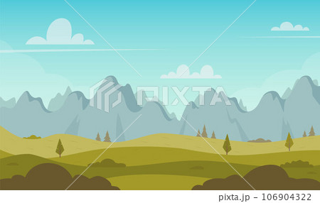 Beautiful green hills with mountains row on the horizon. Landscape with a green hills, trees, bushes, mountains, bright blue sky. Countryside background for banner, animation. Vector illustration. 106904322