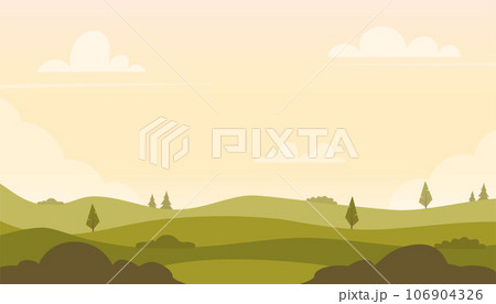 Beautiful fields landscape with a green hills, trees, bushes. Rural landscape in the warm dawn colours. Countryside background for banner, animation. Vector flat illustration. 106904326