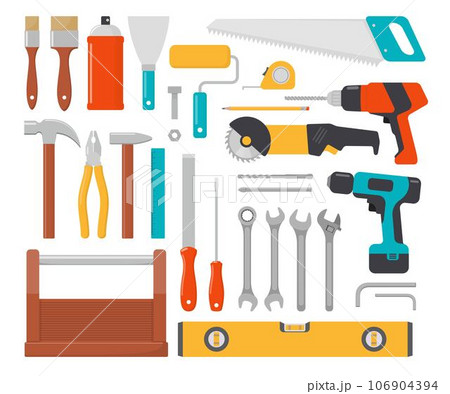 Collection of working tools. Repair and construction tools icon set. Hammer, pliers, chisel, file, screwdriver, brush, spatula, wrench, saw, drill, ruler, grinder, tool box. Vector flat illustration. 106904394