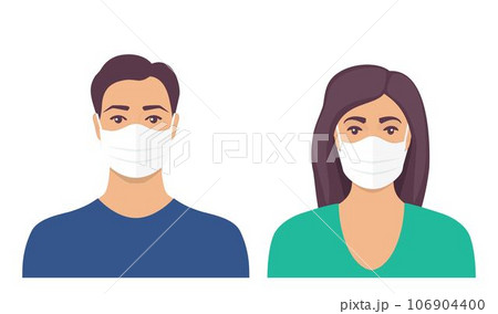 Man and women with protective medical mask on face for prevent virus. People in surgical mask. Vector illustration in flat style. Man and women with protective medical mask on face for prevent virus. People in surgical mask. Vector illustration in flat style. 106904400