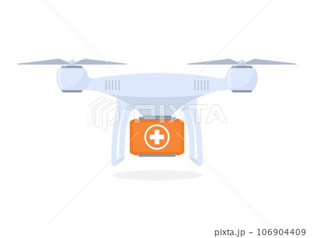 Drone delivering first aid kit. Drug delivery by quadrocopter, modern technologies in medicine. Concept flat style vector illustration. 106904409