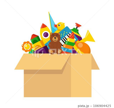 Kids toy box full of toys. Cubes, whirligig, duck, ball rattle, pyramid, pipe, bear, ball, rocket, tambourine, boat. Modern flat style vector illustration. Kids toy box full of toys. Cubes, whirligig, duck, ball rattle, pyramid, pipe, bear, ball, rocket, tambourine, boat. Modern flat style vector illustration. 106904425