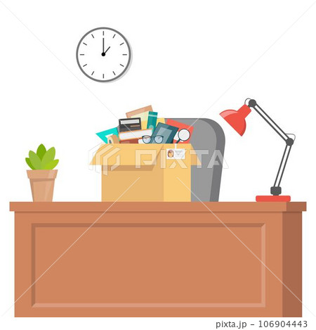 Office accessories in cardboard box on office table. Working stuff, documents, plant, photo frame, calculator, glasses, lamp. Moving into a new office. Flat style vector illustration. 106904443