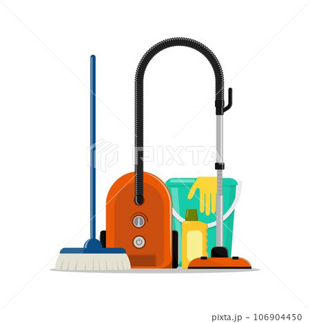 Spring cleaning concept. Bucket, brush, rubber gloves, hoover. Vector illustration, flat style. 106904450