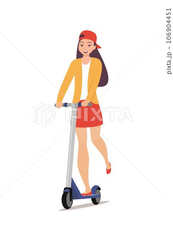 Cute girl riding kick scooter. Teen girl in short skirt, jacket and baseball cap rides on scooter. Young charming female character on kick scooter, vector in flat style. Cute girl riding kick scooter. Teen girl in short skirt, jacket and baseball cap rides on scooter. Young charming female character on kick scooter, vector in flat style. 106904451