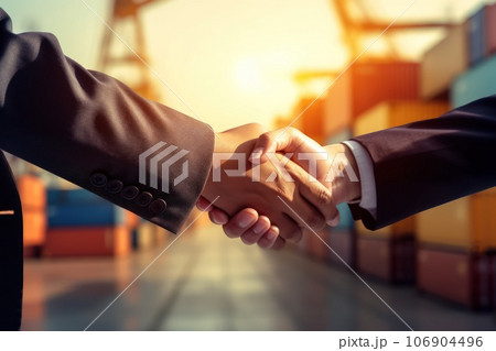 Handshake of two businessmen against the backdrop of a large container warehouse. 106904496