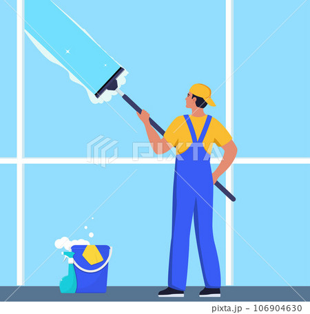 Man in blue and yellow uniform cleaning window with glass scraper and washing spray. Housekeeping service, office cleaning service, spring cleaning duty. Vector illustration. Man in blue and yellow uniform cleaning window with glass scraper and washing spray. Housekeeping service, office cleaning service, spring cleaning duty. Vector illustration. 106904630