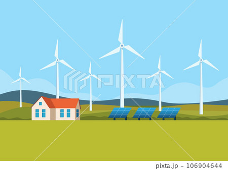 Modern Eco-friendly Private house with Windmills and Solar energy panels. Wind turbines on a rural landscape. The concept of green energy. Vector illustration. Modern Eco-friendly Private house with Windmills and Solar energy panels. Wind turbines on a rural landscape. The concept of green energy. Vector illustration. 106904644