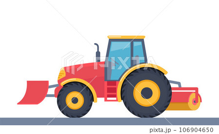 Snow plow tractor. Professional cleaning machine, winter snow removal. Road cleaning machine. Vector illustration. 106904650