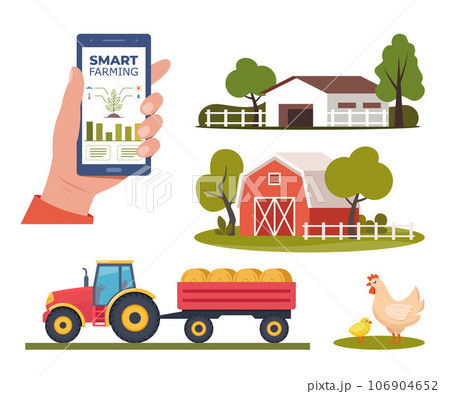 Smart farming, futuristic technologies in farm industry. Smartphone with app for control plants growing. Set of scenes and elements on farm theme. Vector illustration. Smart farming, futuristic technologies in farm industry. Smartphone with app for control plants growing. Set of scenes and elements on farm theme. Vector illustration. 106904652