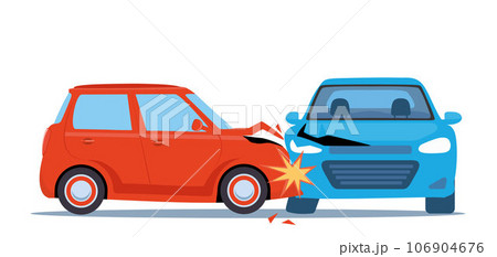 Car accident. Damaged transport on the road. Collision of two cars, side view. Road collisition. Damaged transport. Collision on road, safety of driving personal vehicles, car insurance. Vector. 106904676