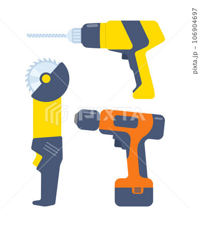 Drilling machine or hand drill. Power tool screwdriver. Circular saw with steel toothed disc. Electric hand tools, set. Building equipment. Vector flat illustration. 106904697