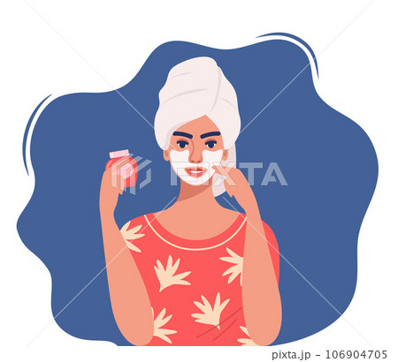 Young woman with a towel on her head makes cosmetic procedures. Face mask, skincare, treatment, relaxation. Skin care concept. Vector illustration. 106904705