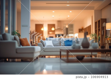 Blurred modern living room interior with stylish sofa and wooden lamp for captivating backgrounds. Blurred modern living room interior with stylish sofa and wooden lamp for captivating backgrounds. 106904913