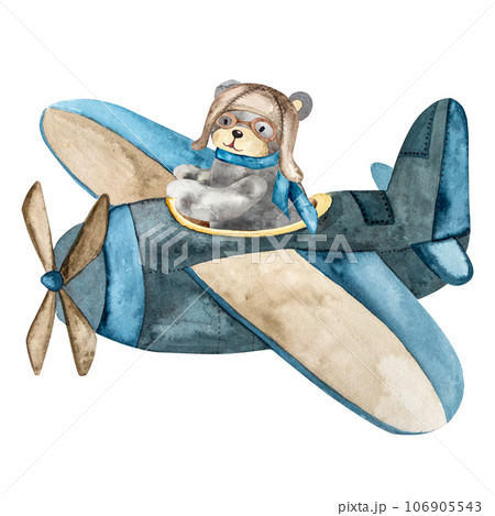Hand drawn watercolor illustration original design of a cartoon bear on a plane for a birthday or other celebration 106905543