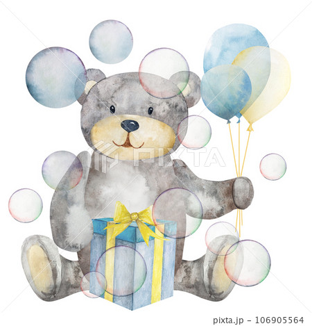Watercolor illustration, on a white background.Cute cartoon teddy bear with a balloon and a gift Watercolor illustration, on a white background.Cute cartoon teddy bear with a balloon and a gift 106905564