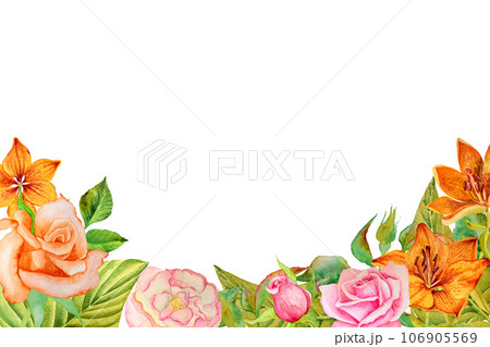 Watercolor illustration of a frame of roses and lilies hand drawn.For the design of cards, invitations,advertising Watercolor illustration of a frame of roses and lilies hand drawn.For the design of cards, invitations,advertising 106905569
