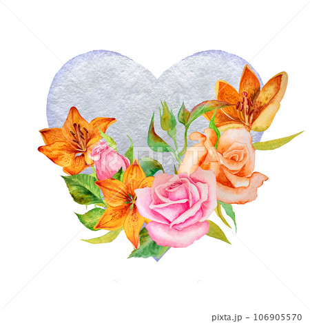 Watercolor illustration composition of roses and lilies, hand drawn. For postcards, invitations, advertising Watercolor illustration composition of roses and lilies, hand drawn. For postcards, invitations, advertising 106905570