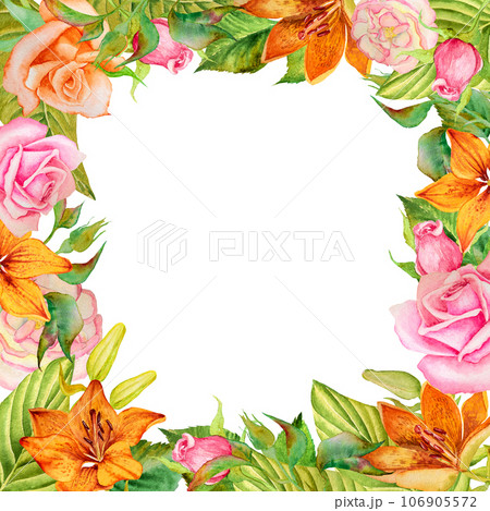 Watercolor illustration of a frame of roses and lilies hand drawn.For the design of cards, invitations,advertising 106905572