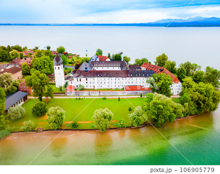 Frauenchiemsee Abbey aerial panoramic view, Bavaria 106905779