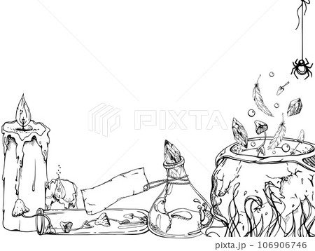 Hand drawn ink vector witch cauldron brew potions vial isolated horizontal frame. Sketch illustration art witchcraft, medicine, chemistry, alchemy. Design shops, logo, print, website, card, booklet Hand drawn ink vector witch cauldron brew potions vial isolated horizontal frame. Sketch illustration art witchcraft, medicine, chemistry, alchemy. Design shops, logo, print, website, card, booklet 106906746