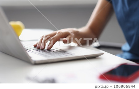 Female hands typing on the laptop keyboard at workplace 106906944