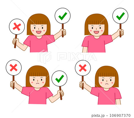 little girl holding right or wrong sign. true or false concept illustration 106907370