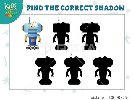 Find the correct shadow for cute cartoon robot educational preschool kids mini game 106908250