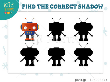 Find the correct shadow for cute cartoon robot educational preschool kids mini game 106908253
