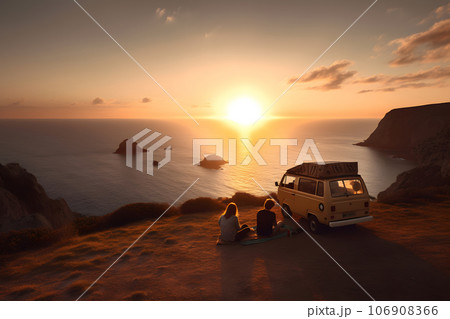 young couple sits on a hill above the sea next to their travel minivan vehicle at sunset, neural network generated picture young couple sits on a hill above the sea next to their travel minivan vehicle at sunset, neural network generated picture 106908366
