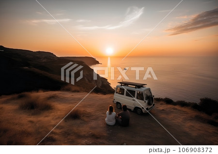 young couple sits on a hill above the sea next to their travel minivan vehicle at sunset, neural network generated picture young couple sits on a hill above the sea next to their travel minivan vehicle at sunset, neural network generated picture 106908372