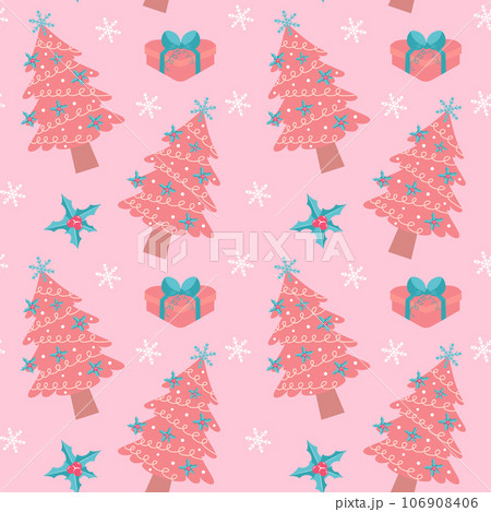 Pink christmas tree, gift, holly berry leaves and snowflakes seamless pattern. Pink christmas tree, gift, holly berry leaves and snowflakes seamless pattern. 106908406