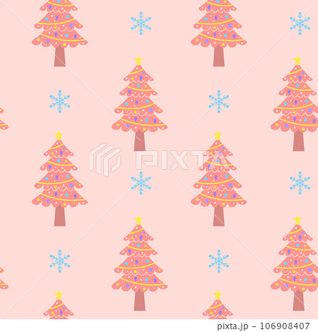 Pink christmas tree and snowflakes seamless pattern.  106908407