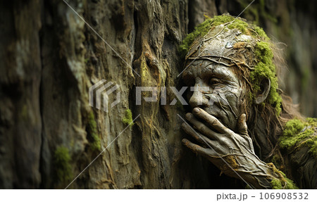 person developed as plant in forest. Fantasy embracing nature.Environmental technology concept. Sustainable development goals. SDGs. 106908532