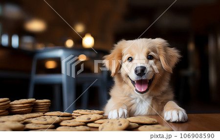 Funny cute little puppy standing by a wooden table with pile of dog biscuit treats. Happy portrait of dog with dog cookies and copy space Funny cute little puppy standing by a wooden table with pile of dog biscuit treats. Happy portrait of dog with dog cookies and copy space 106908590