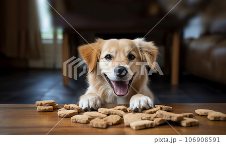 Funny cute little puppy standing by a wooden table with pile of dog biscuit treats. Happy portrait of dog with dog cookies and copy space Funny cute little puppy standing by a wooden table with pile of dog biscuit treats. Happy portrait of dog with dog cookies and copy space 106908591