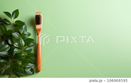 Eco-friendly bamboo toothbrushes and eucalyptus leaf on green background. Natural organic bathroom beauty product concept. Flat lay, top view, copy space. Natural bamboo toothbrush green background Eco-friendly bamboo toothbrushes and eucalyptus leaf on green background. Natural organic bathroom beauty product concept. Flat lay, top view, copy space. Natural bamboo toothbrush green background 106908595