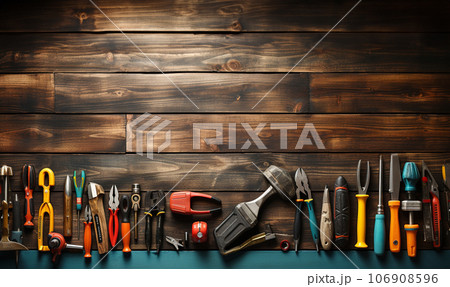 Different construction tools with Hand tools for home renovation on wooden board maintenance and reparing concept. Handyman tool on wooden table copy space,rapair concept Different construction tools with Hand tools for home renovation on wooden board maintenance and reparing concept. Handyman tool on wooden table copy space,rapair concept 106908596