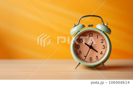 Red vintage alarm clock on colorful pastel bright background with copy space, yellow,orange colored. Minimalism creative layout 106908614